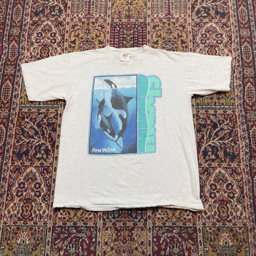 VTG 80s 90s SeaWorld Shamu T Shirt Oneita Single Stitch Gray XL Made in USA